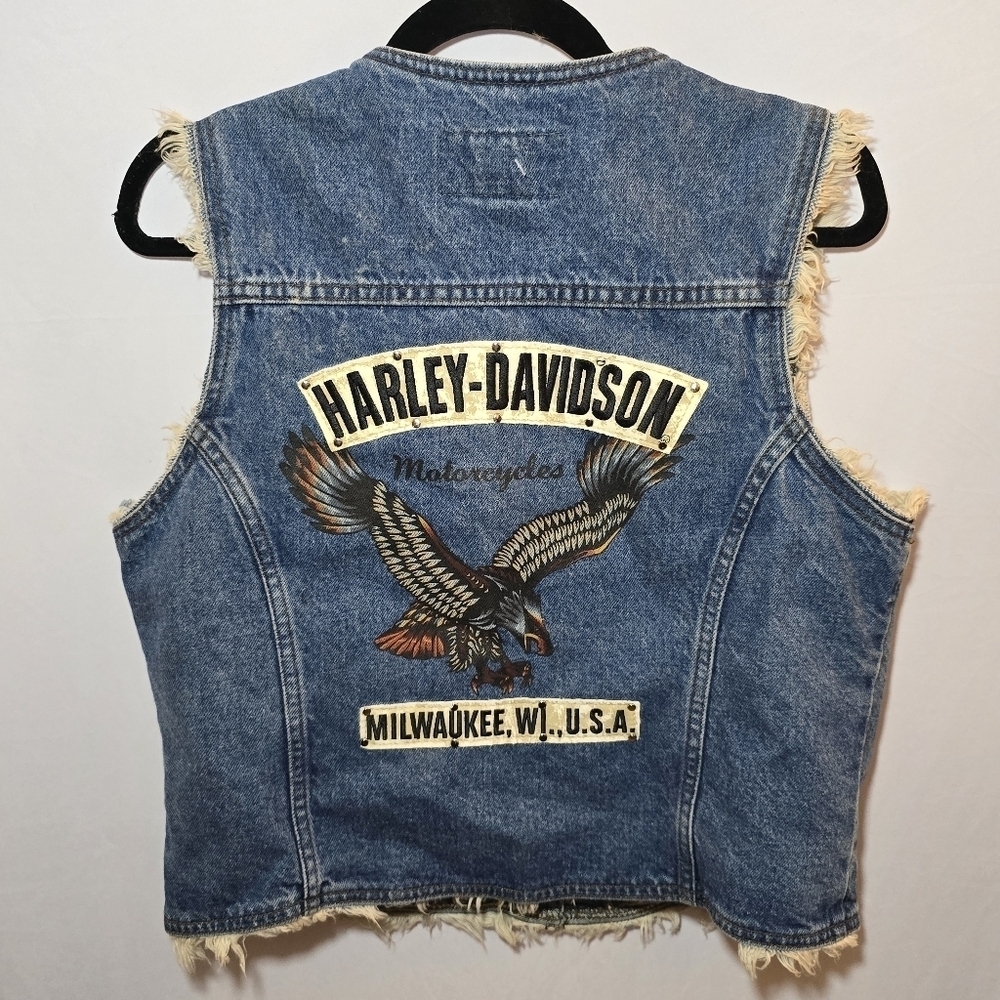 NWT Harley Davidson Motorcycle Women's Denim Jean Distressed Button Front Vest